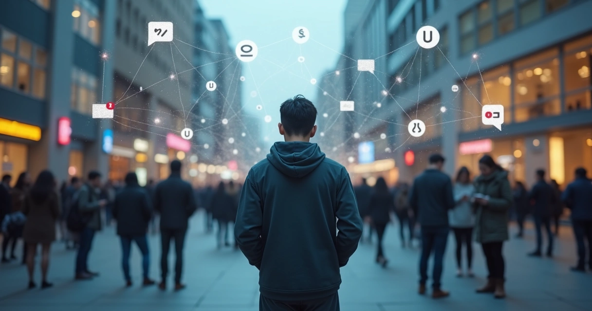 Pessoa isolada em meio à multidão conectada por redes sociais 