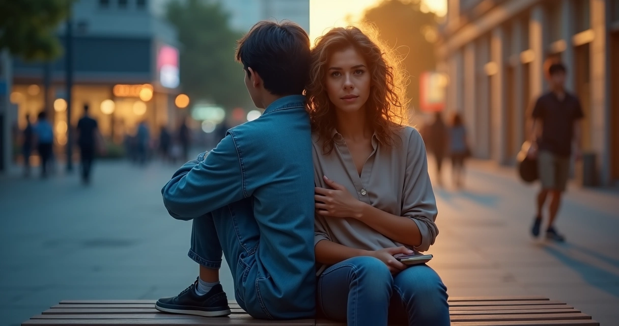 Pessoa dividida entre vergonha e culpa em ambiente urbano 