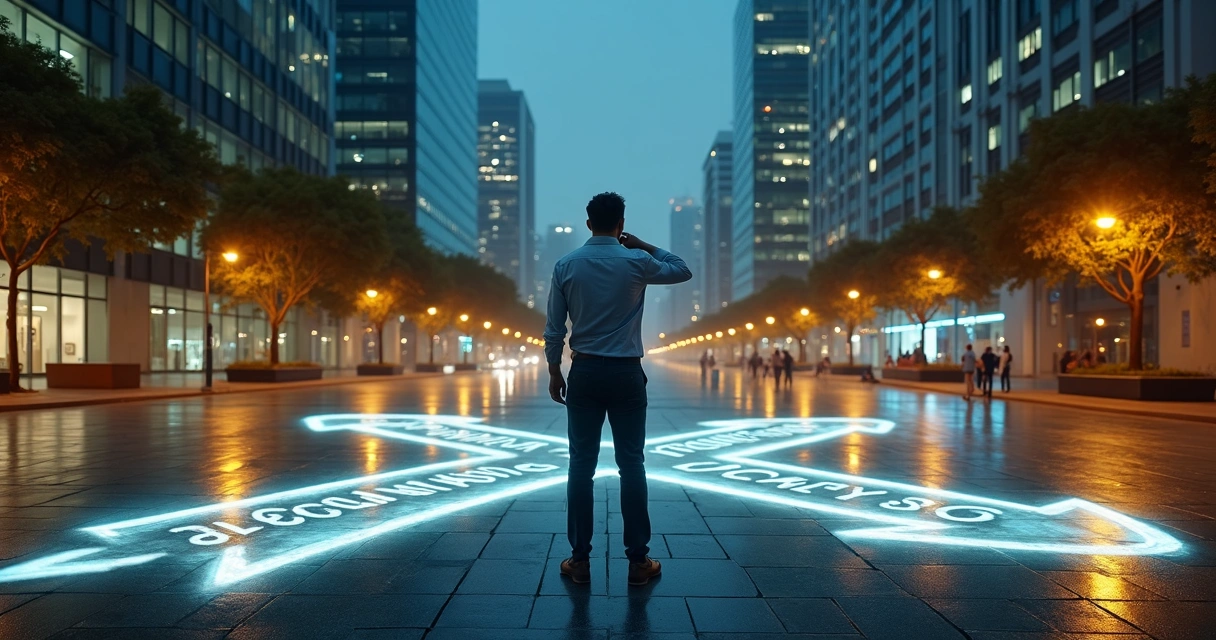Pessoa adulta em encruzilhada urbana avaliando diferentes caminhos profissionais 