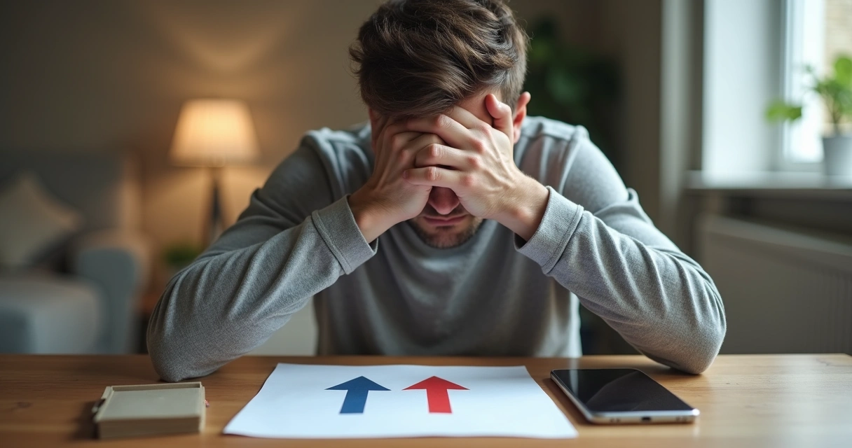 Pessoa pensativa sentada em uma mesa com duas opções de escolha representadas por setas opostas 