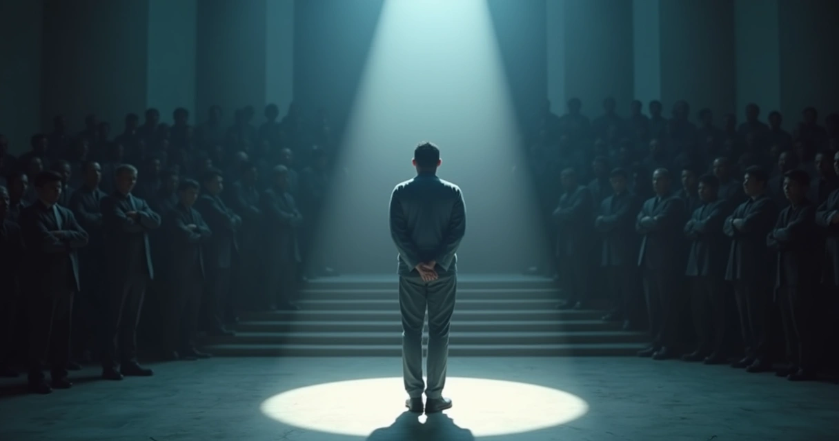 Pessoa em pé diante de multidão em sombras com olhar de vergonha e luz focada nela 