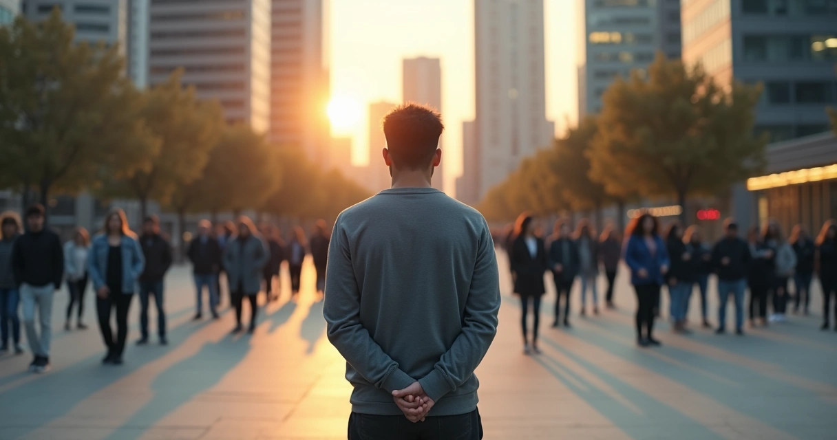 Grupo em praça pública com uma pessoa envergonhada destacada do coletivo 