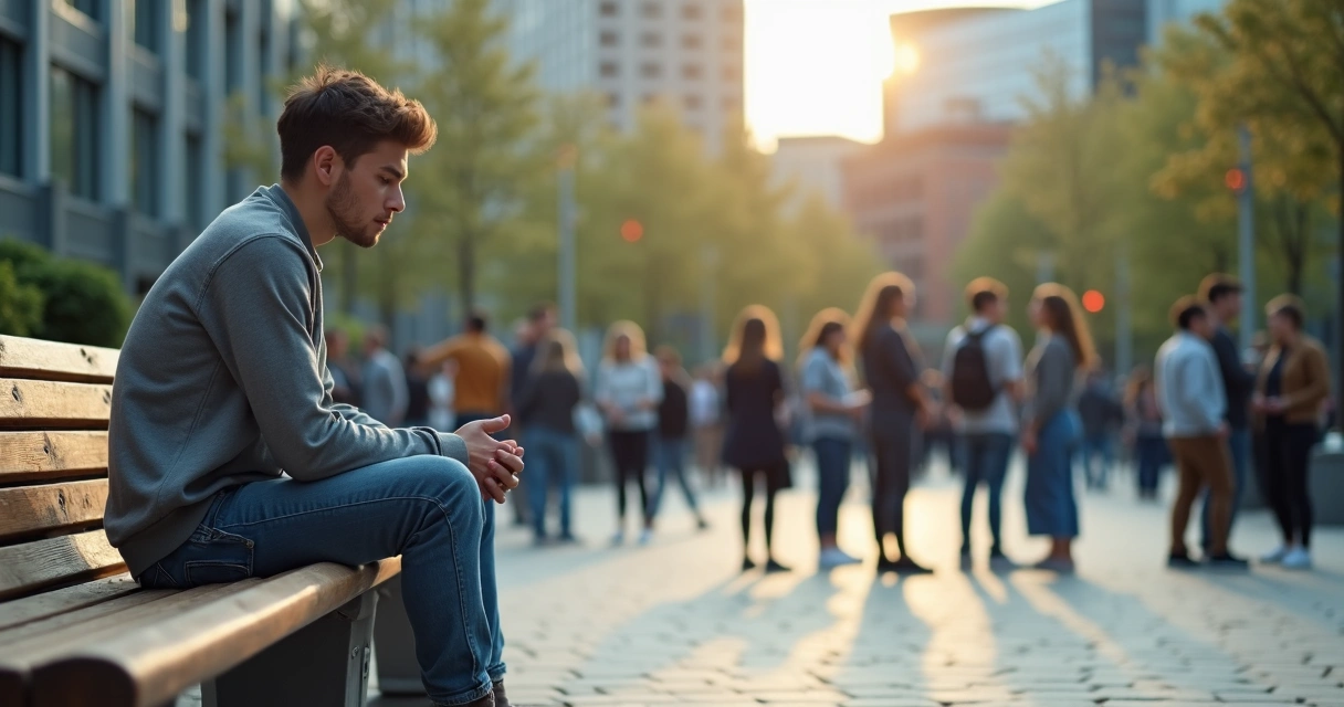 Pessoa sentada sozinha em banco em meio a grupo desfocado simbolizando vergonha social 