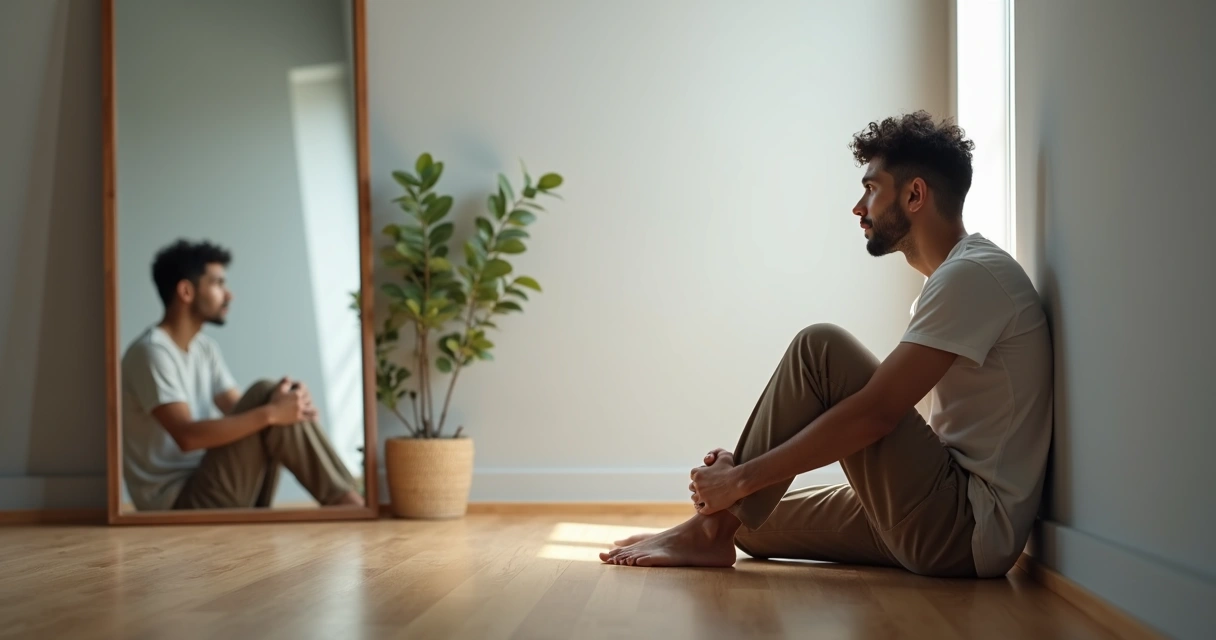 Pessoa sentada refletindo diante de um espelho dividido entre sombra e luz 