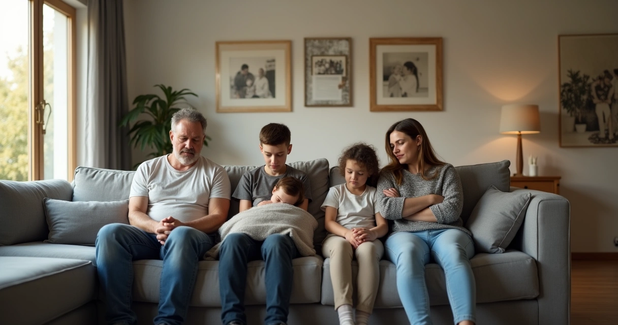 Familia sentada en un sofá con distancia emocional y miradas bajas 