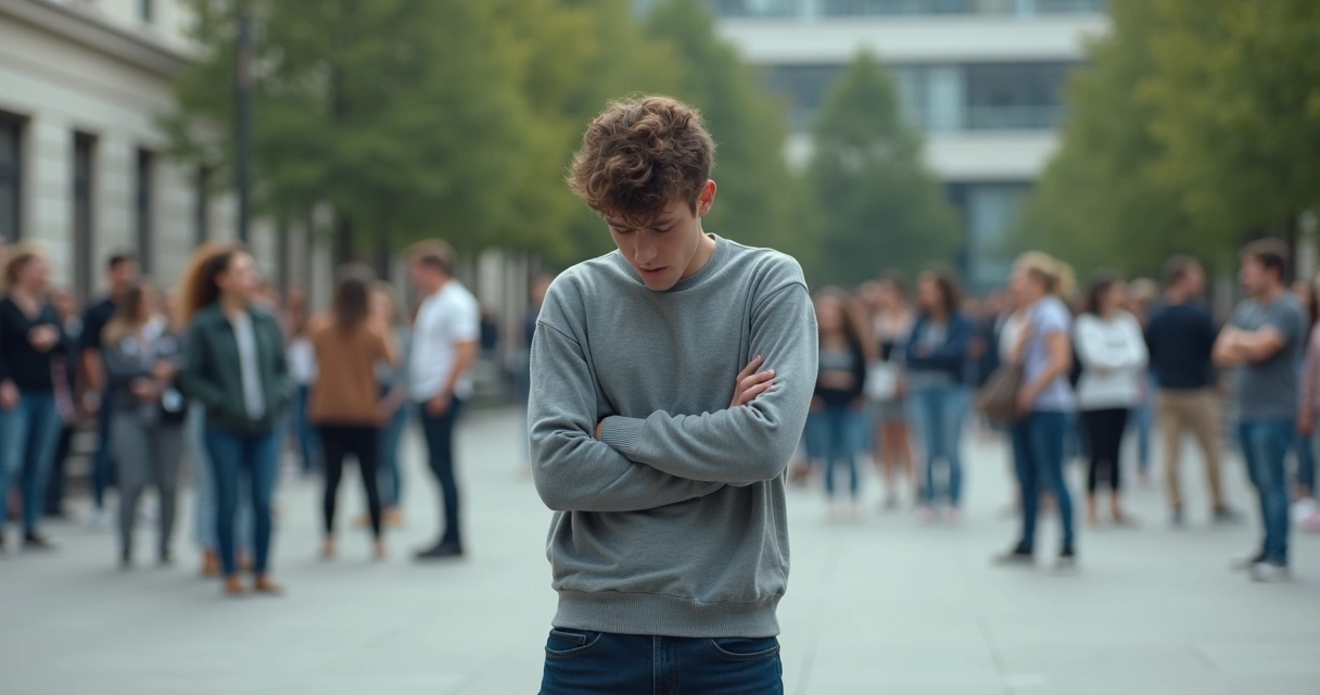 Persona avergonzada de pie frente a grupo que la observa en un espacio público 