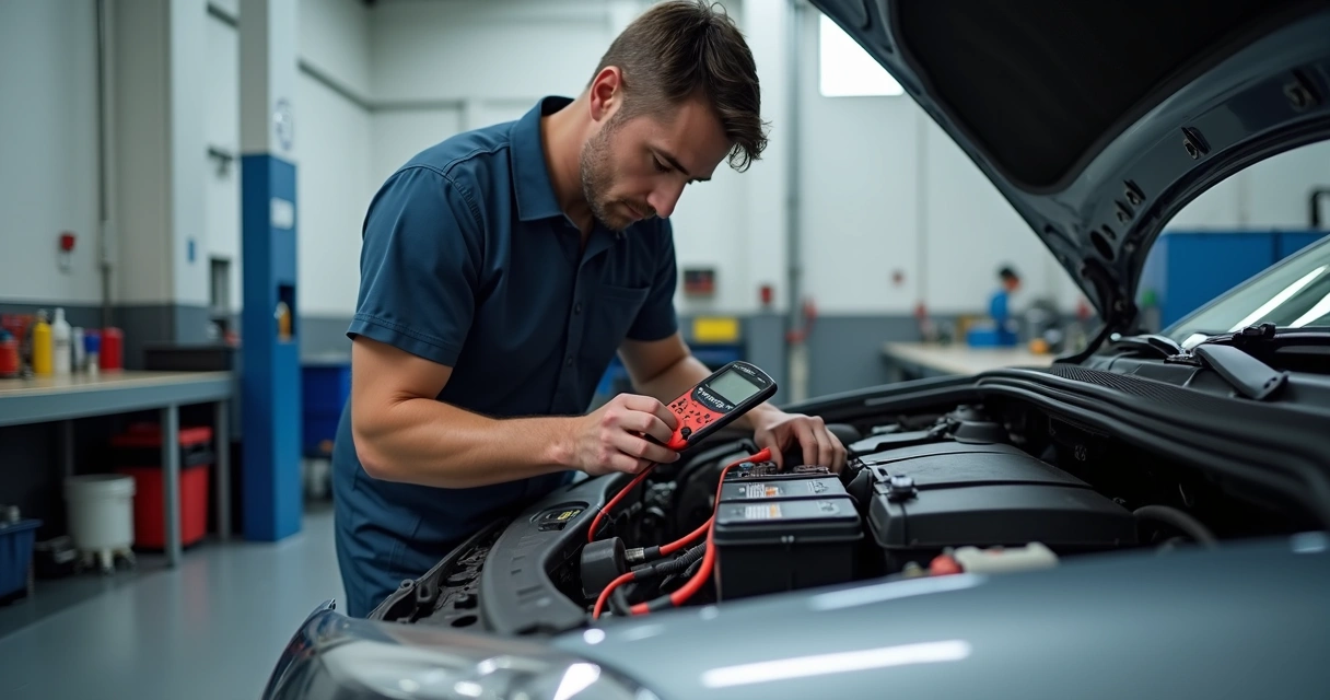 Mecânico verificando bateria do carro com ferramentas, mostrando polos e cabos elétricos 