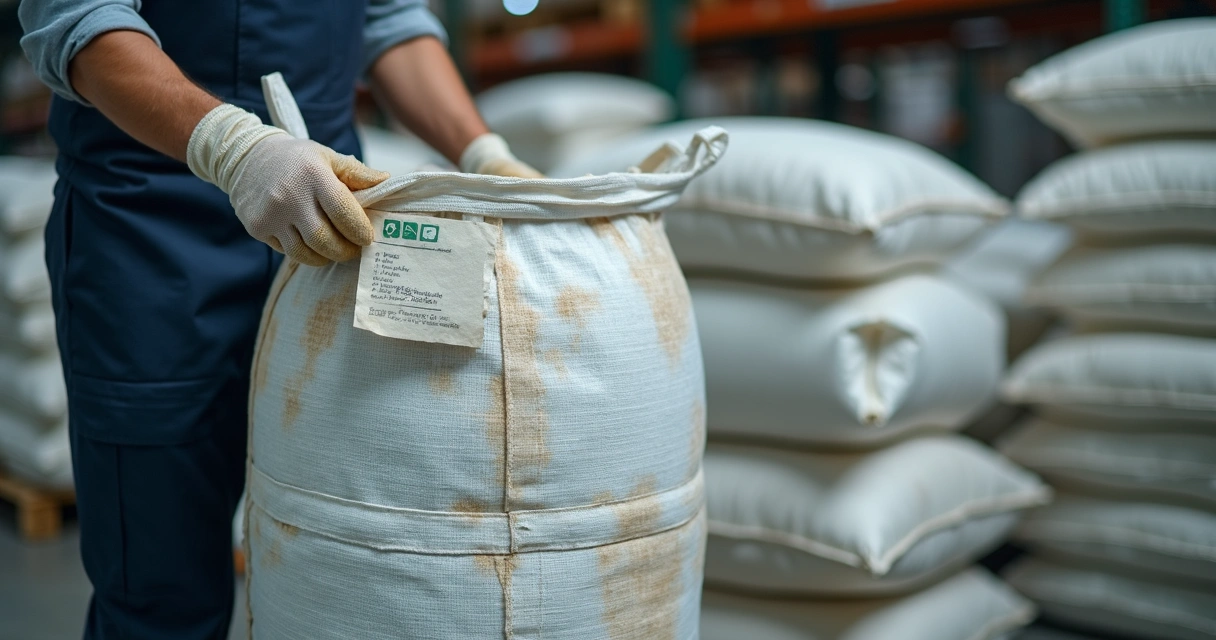 Pessoa inspecionando big bag com sinais de uso anterior 