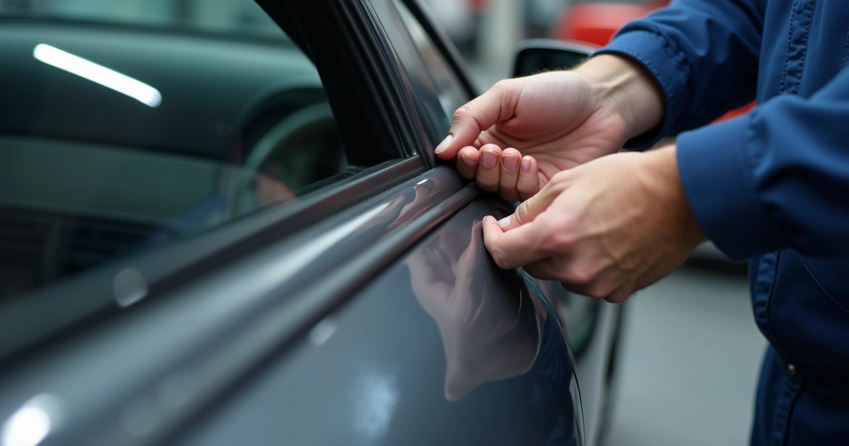 Mecânico conferindo borracha de vedação da porta do carro 