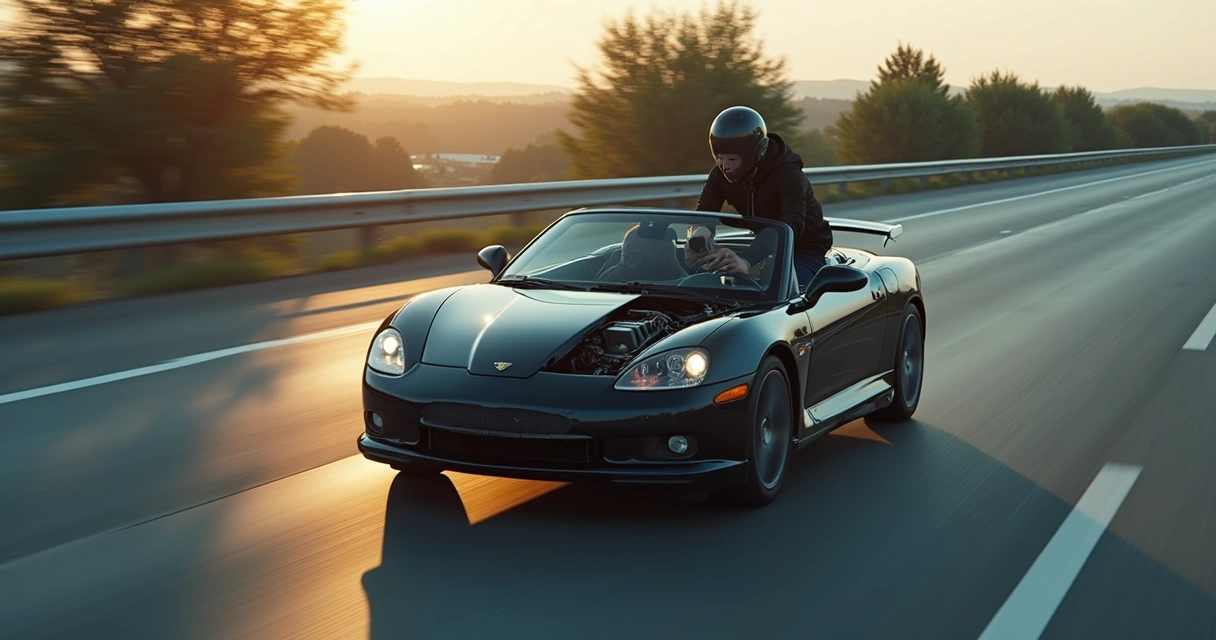 Motorista realizando checagem preventiva no motor do carro com o capô aberto, utensílios automotivos ao lado e estrada ao fundo 