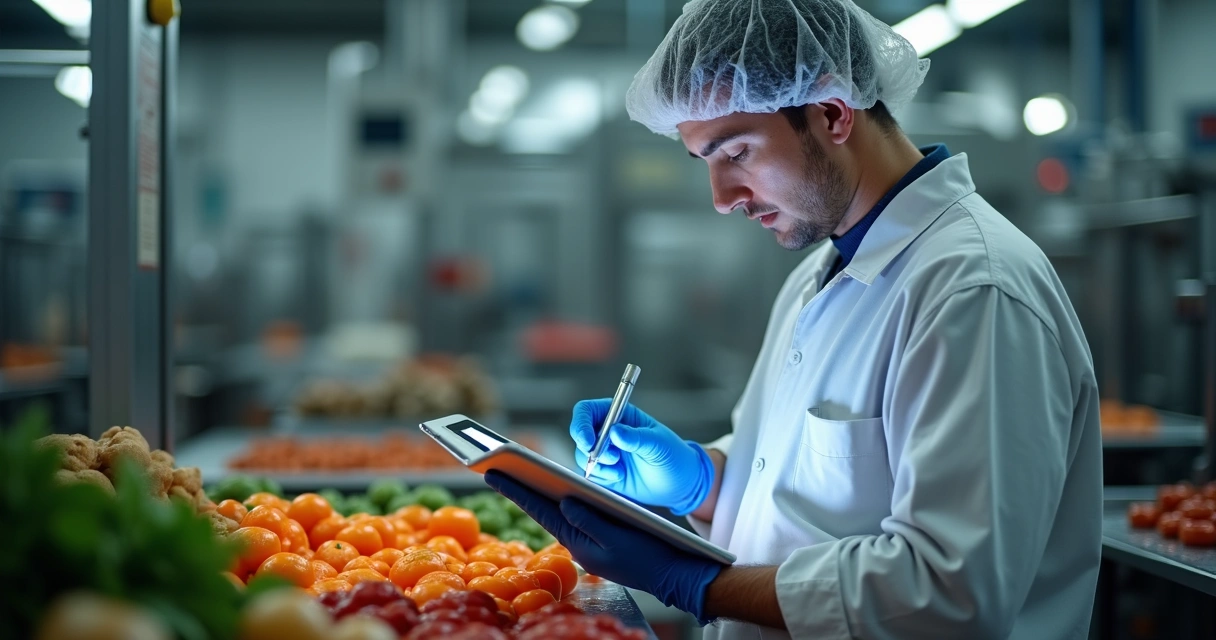 Funcionário em ambiente industrial preenchendo checklist de inspeção em tablet, ingredientes ao fundo 