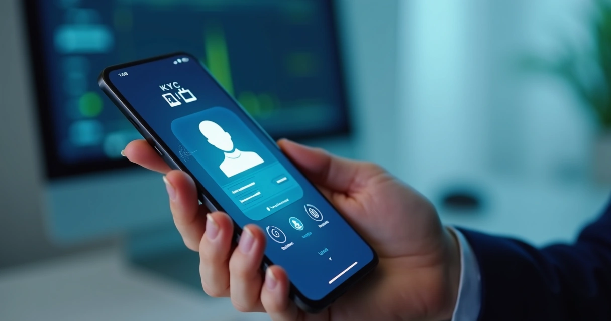 Interface digital exibindo verificação de identidade com documentos e biometria na tela de smartphone 