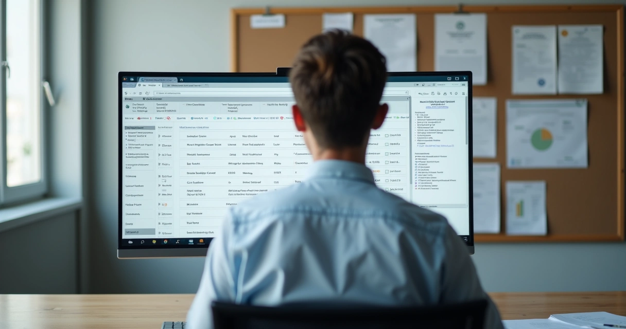 Profissional verificando notas fiscais em computador 