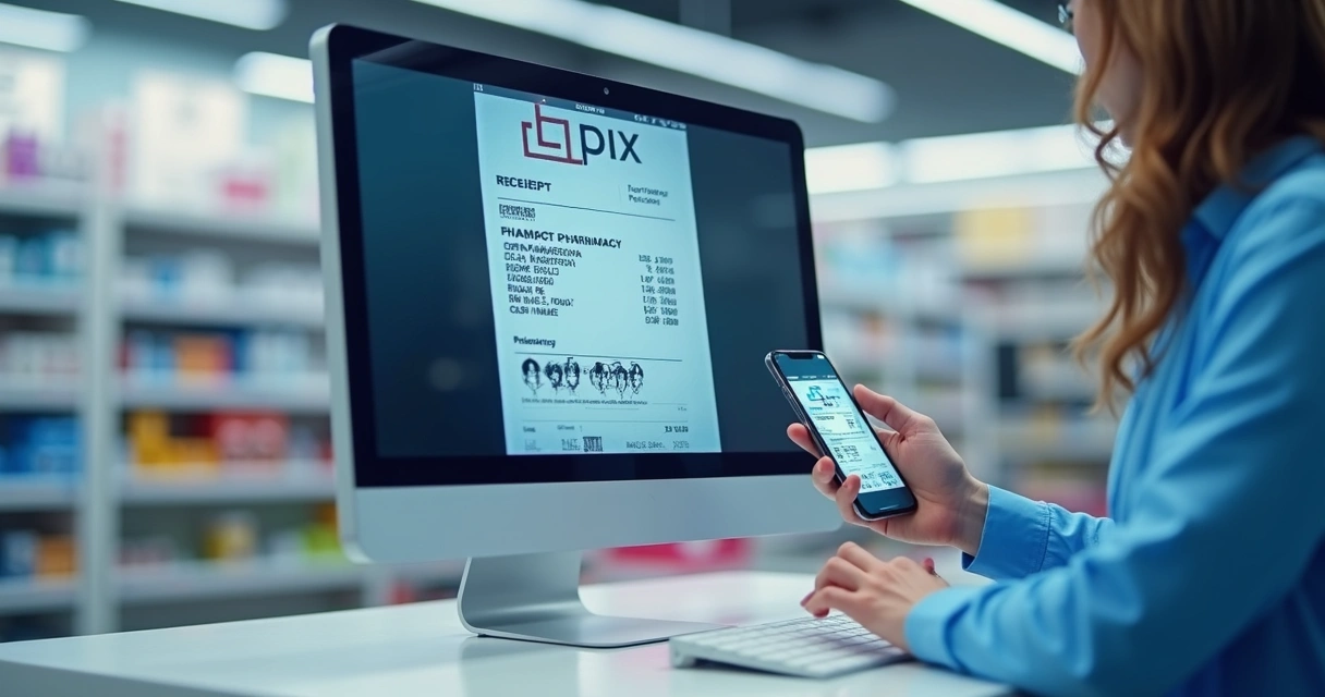 Pessoa analisando comprovante de Pix em tela de computador 