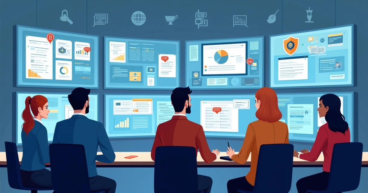 Equipe analisando conteúdo digital suspeito em várias telas 