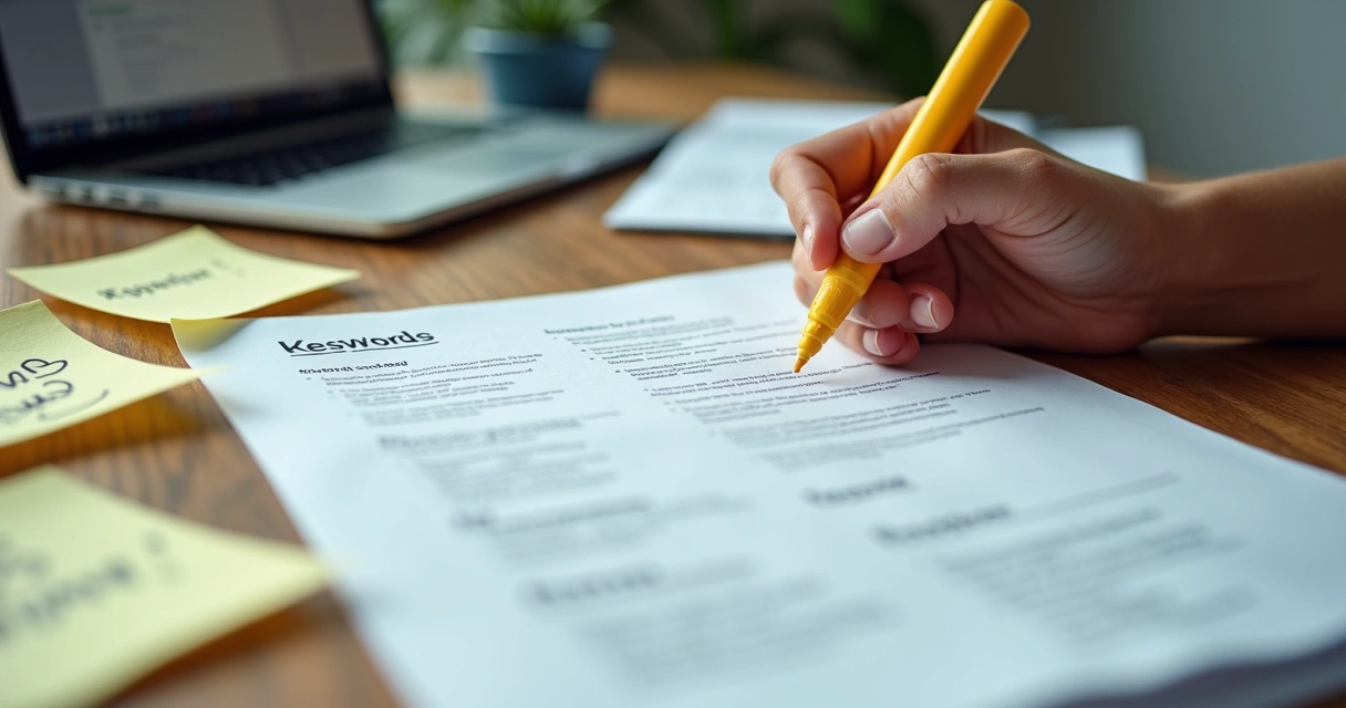 Currículo sendo revisado com marcador de texto, destacando palavras-chave 
