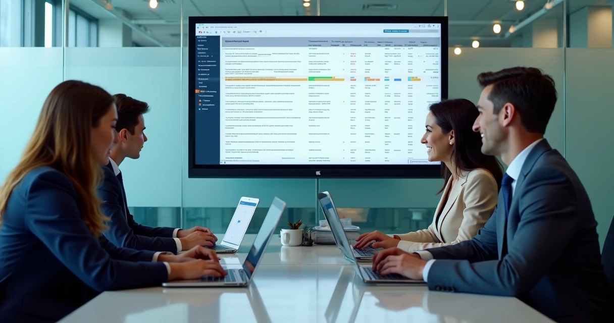 Equipe analisando dados em planilhas numa sala de reuniões