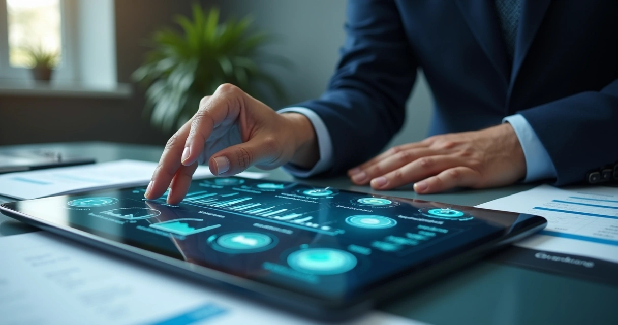 Profissional validando dados de empresa em tela, analisando gráficos e documentos 