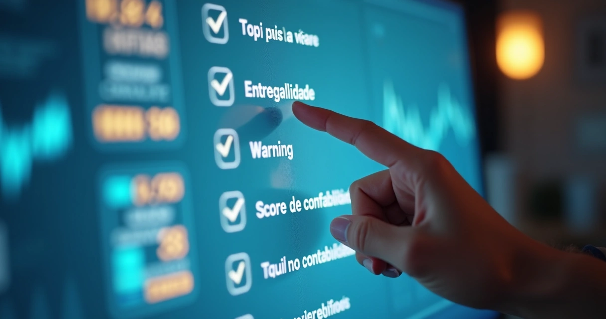 Erros comuns ao contratar software de prospecção B2B 5 Ícones de checklist e indicadores de qualidade em tela de software