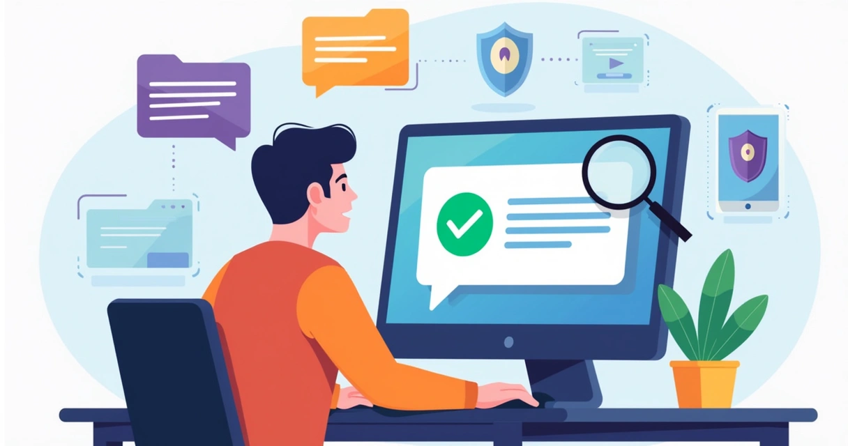 Pessoa analisando mensagem no computador com lupa e check duplo verde na tela 