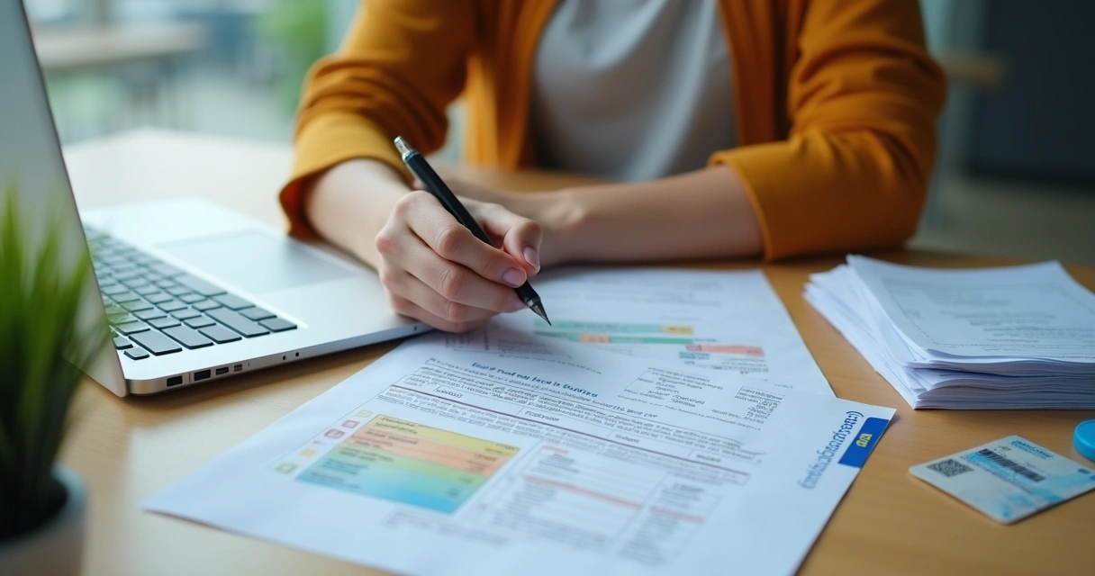 Pessoa analisando documentos em uma mesa