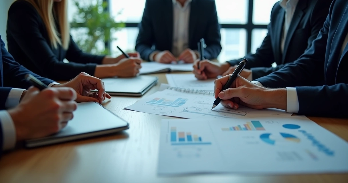 Análise de documentos sobre mesa numerosa por equipe empresarial 