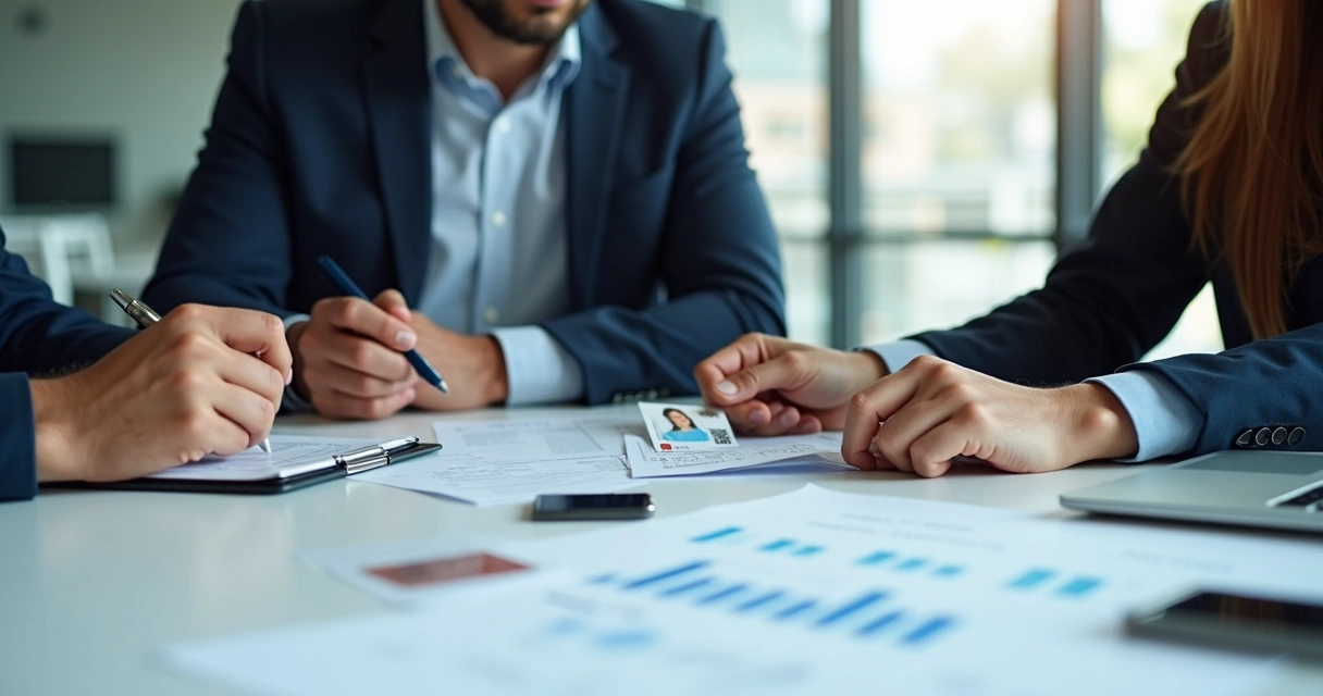 Equipe conferindo documentos de empresa em uma mesa de escritório