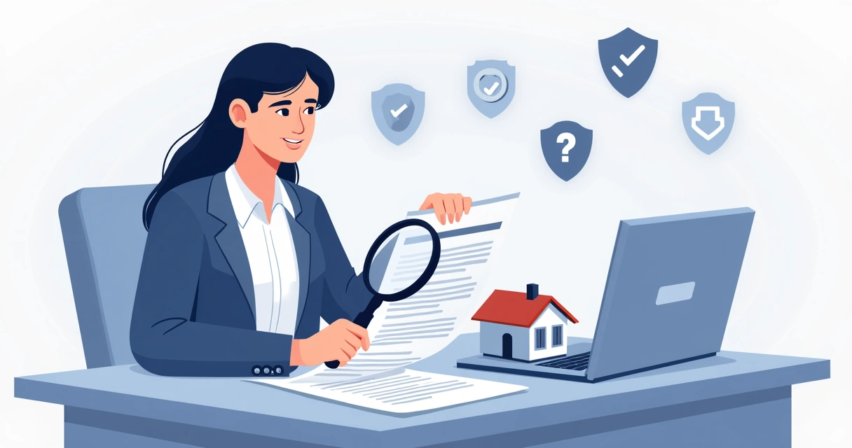 Person analyzing real estate property documents with a magnifying glass on a table. 