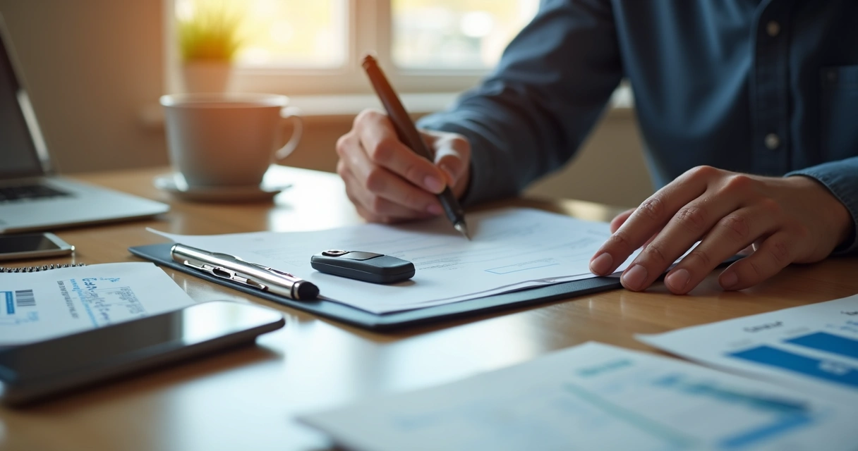 Pessoa analisando documentos do carro em mesa de madeira 