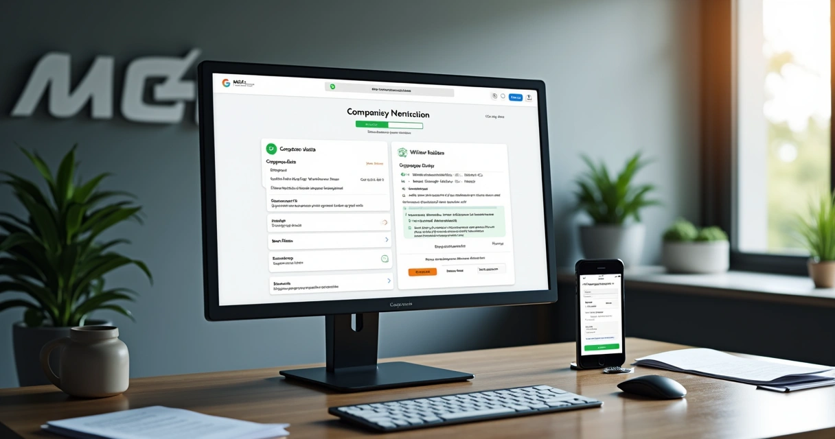 Tela do Gerenciador de Negócios da Meta mostrando processo de verificação empresarial com documentos oficiais e gráficos de desempenho no computador 
