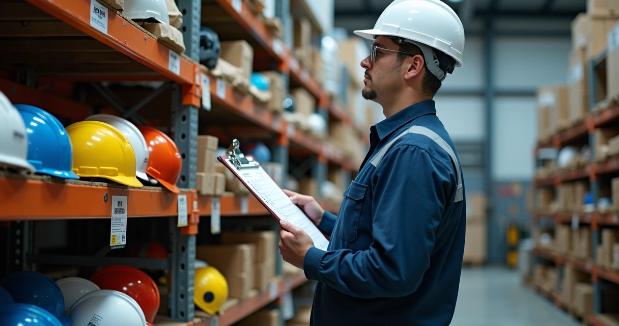 Técnico conferindo EPIs em prateleira de depósito industrial 