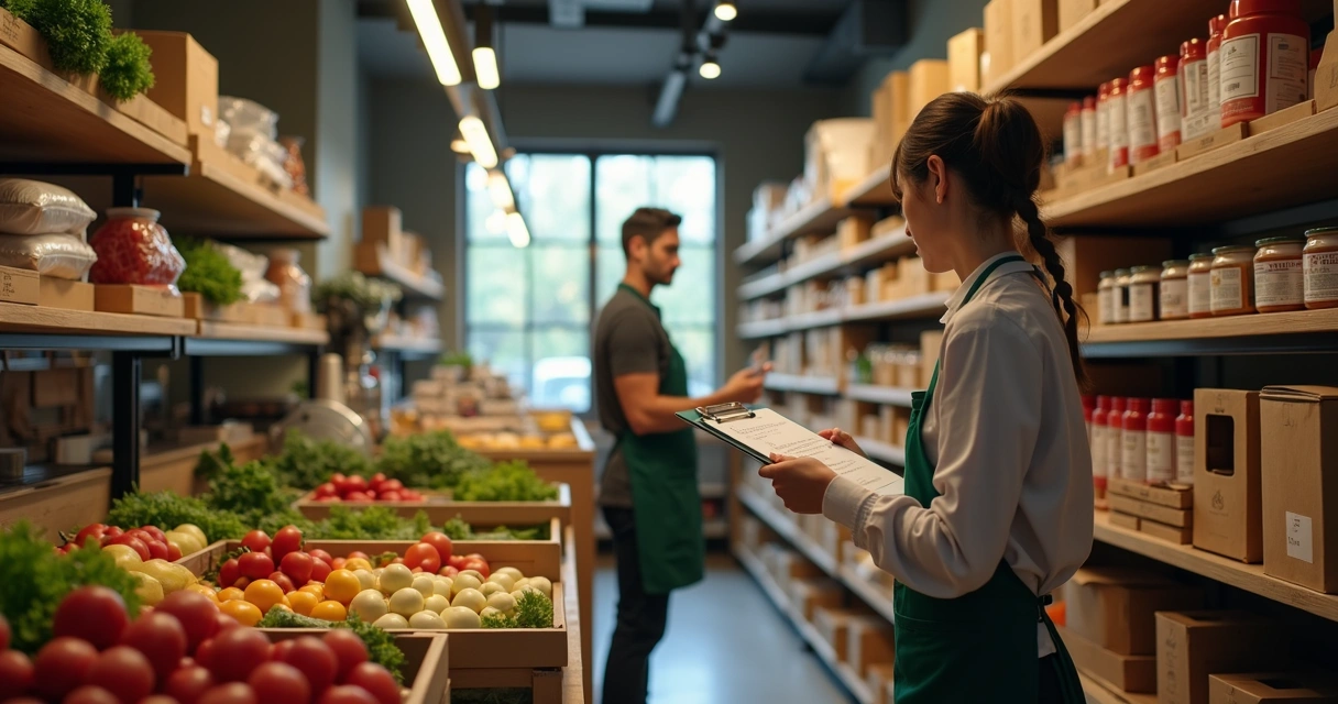 Pessoa conferindo estoque de restaurante com lista em mãos