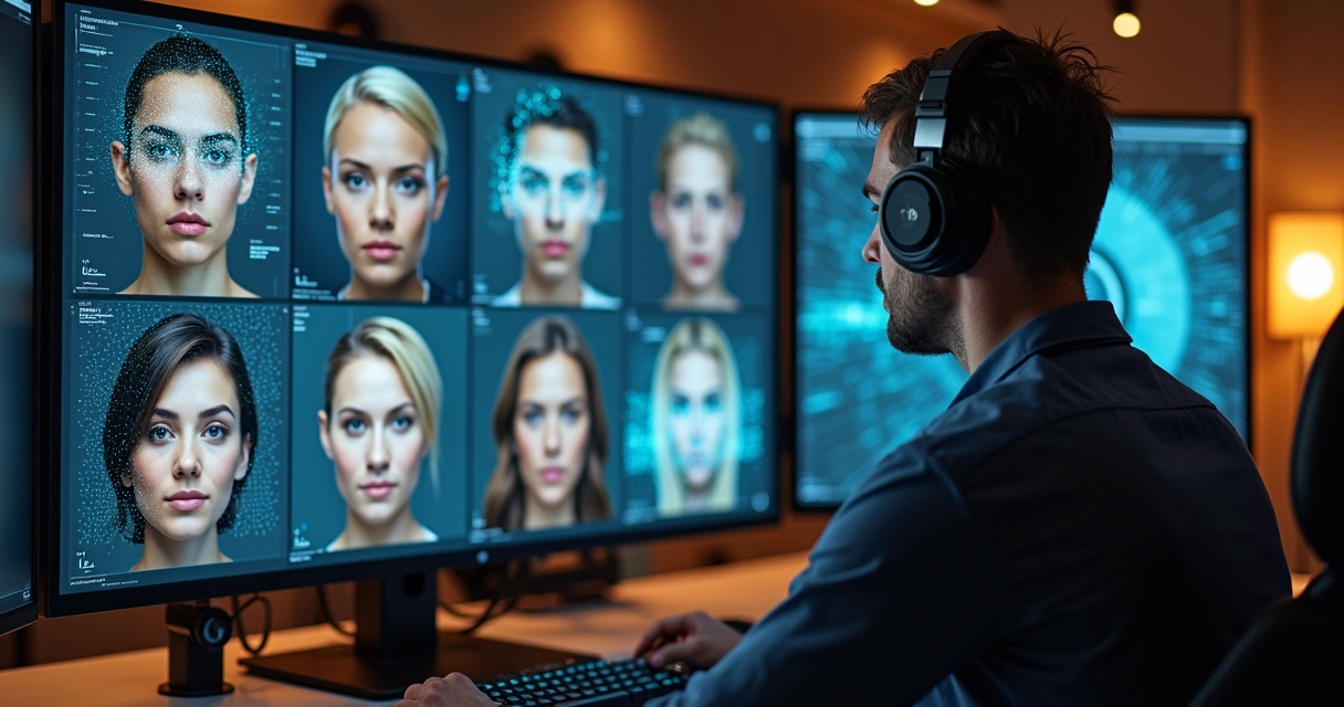 Técnico analisando tela com sistema de verificação facial em um estúdio