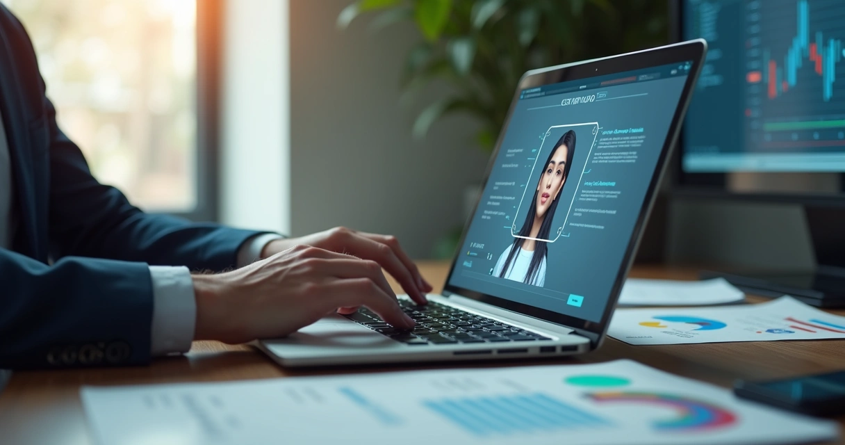 Pessoa assinando contrato digital com verificação facial numa tela de notebook 