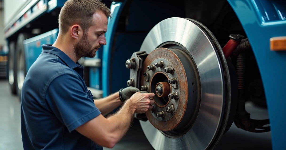 Mecânico examinando freios de caminhão com luz forte 