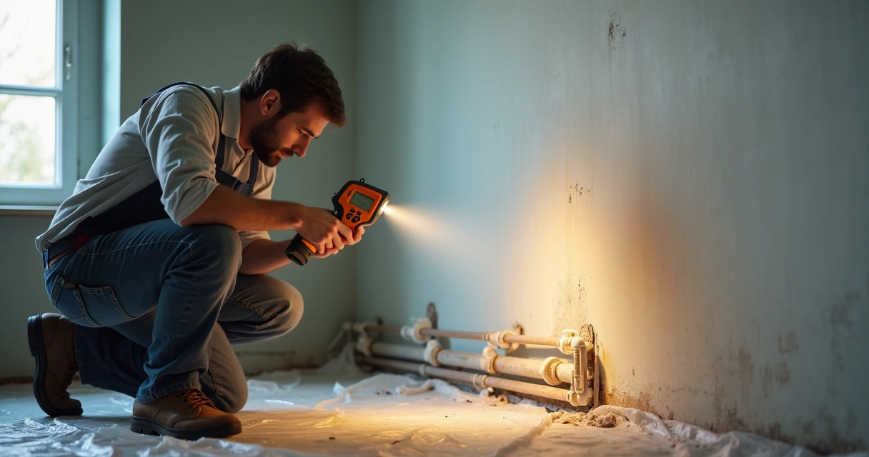 Profissional conferindo encanamento de parede residencial