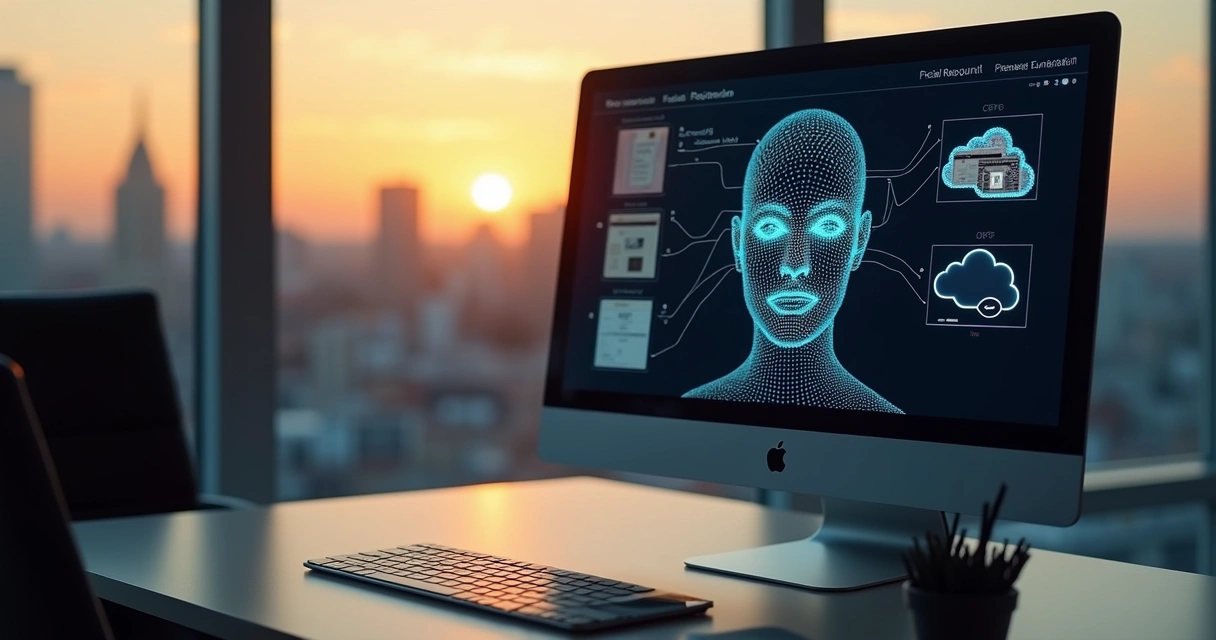 Tela de computador exibindo validação de identidade digital com biometria facial e dados de documentos 
