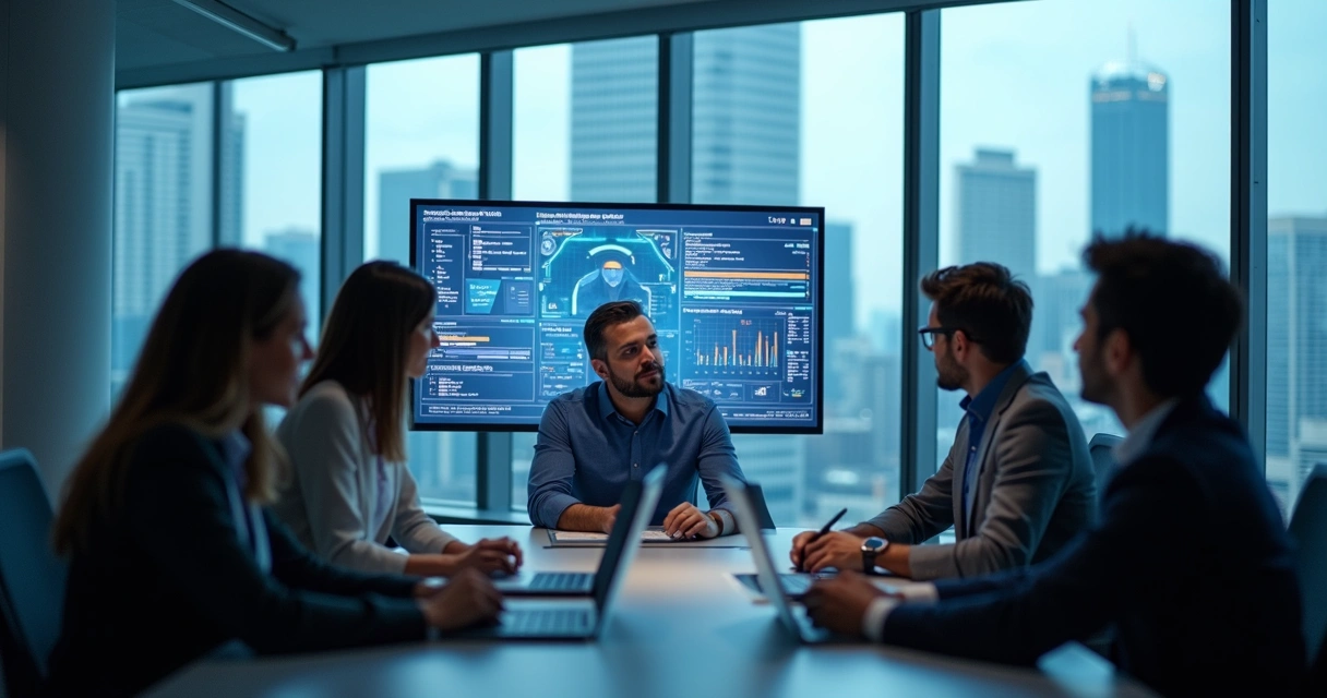 Equipe empresarial em ambiente moderno conferindo informações em telas digitais 