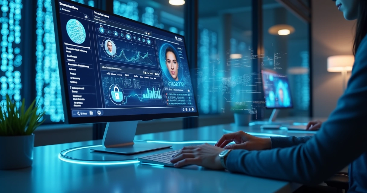 Computador com tela exibindo processo de verificação de identidade digital com gráficos e documentos digitais 