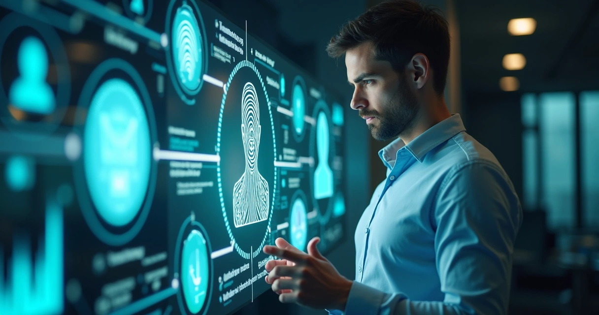 Profissional analisando dados digitais em telas holográficas com gráficos e ícones de segurança e identidade 