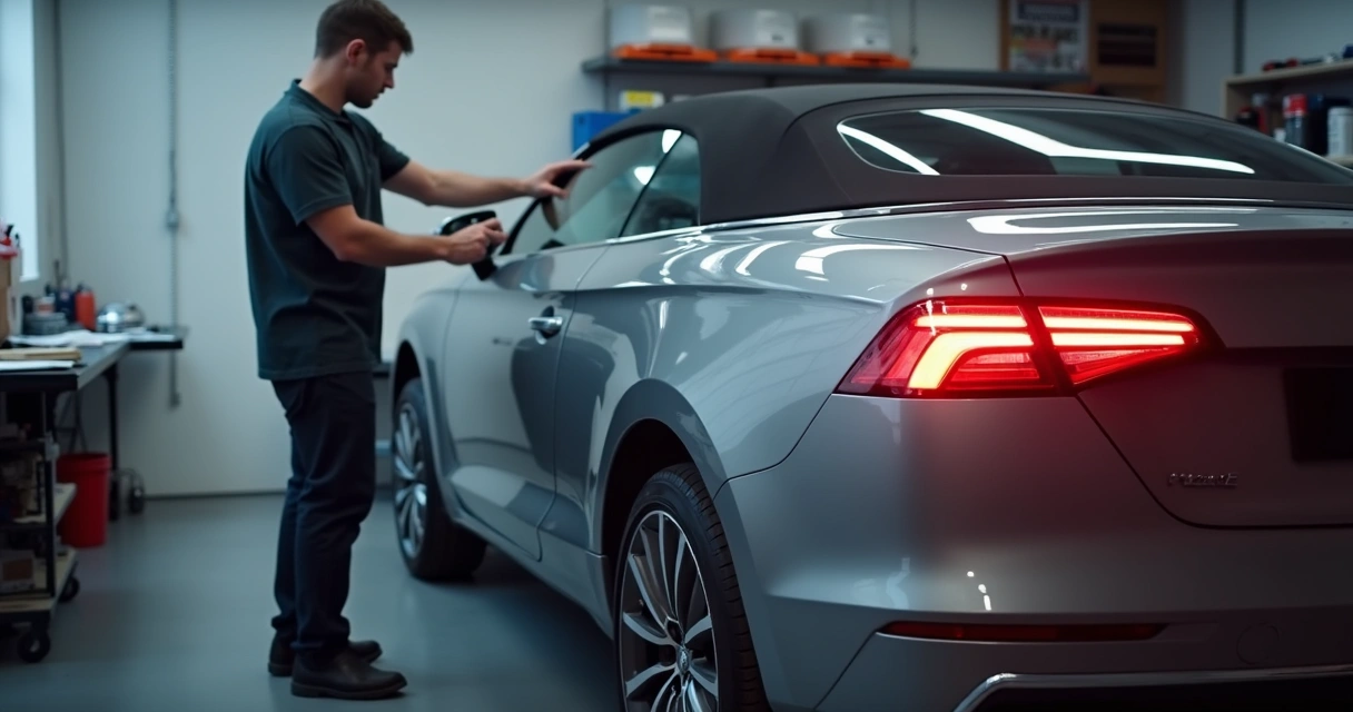 Homem verificando luzes do carro em uma garagem 