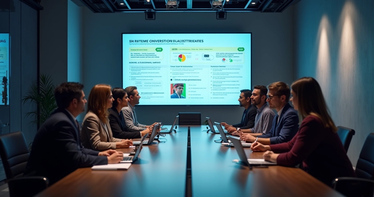 Sala de reunião com profissionais de mídia analisando relatório de verificação de imagem de IA 