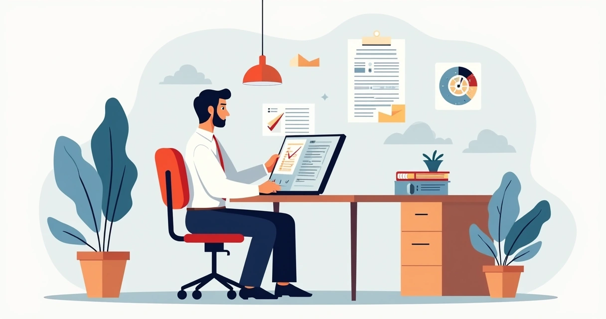 Corretor analisando planta de imóvel e checklist de documentos 
