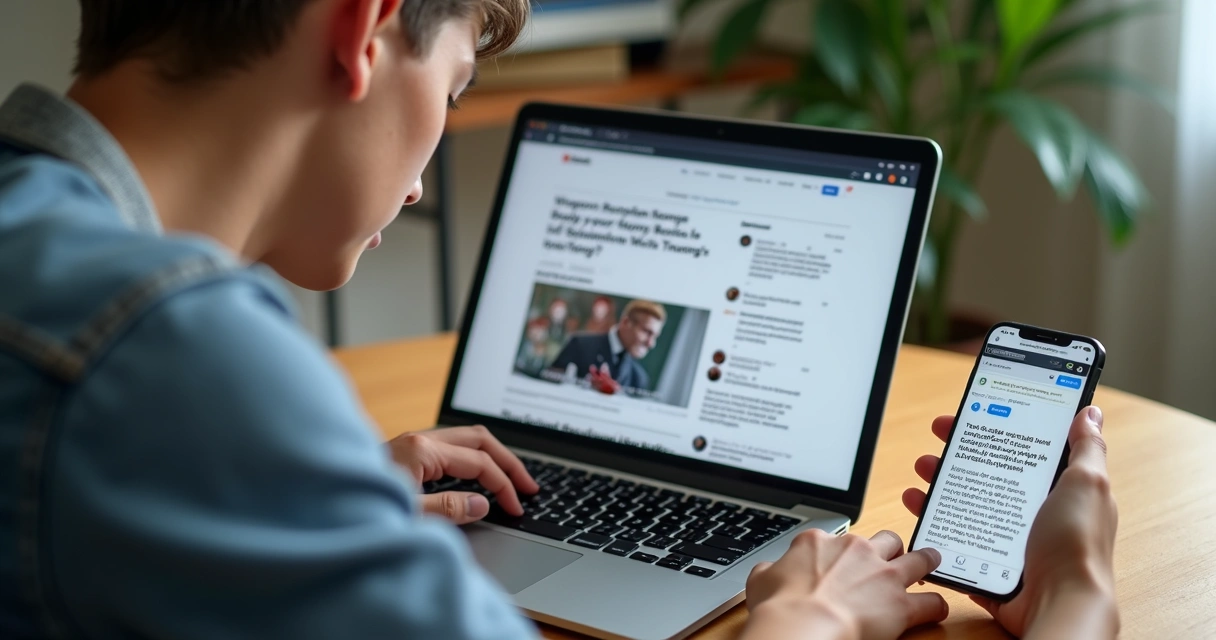 Pessoa verificando informação em dois dispositivos diferentes, um computador e um celular, lado a lado 