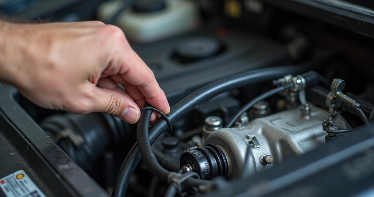 Mão de mecânico inspecionando cabos de ignição em motor de carro