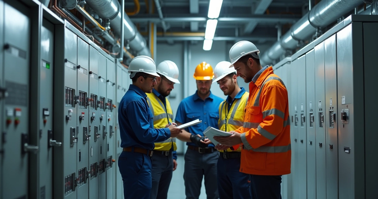 Equipe conferindo instalações elétricas em sala técnica