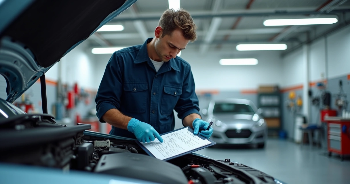 Mecânico analisando itens do motor com checklist do lado