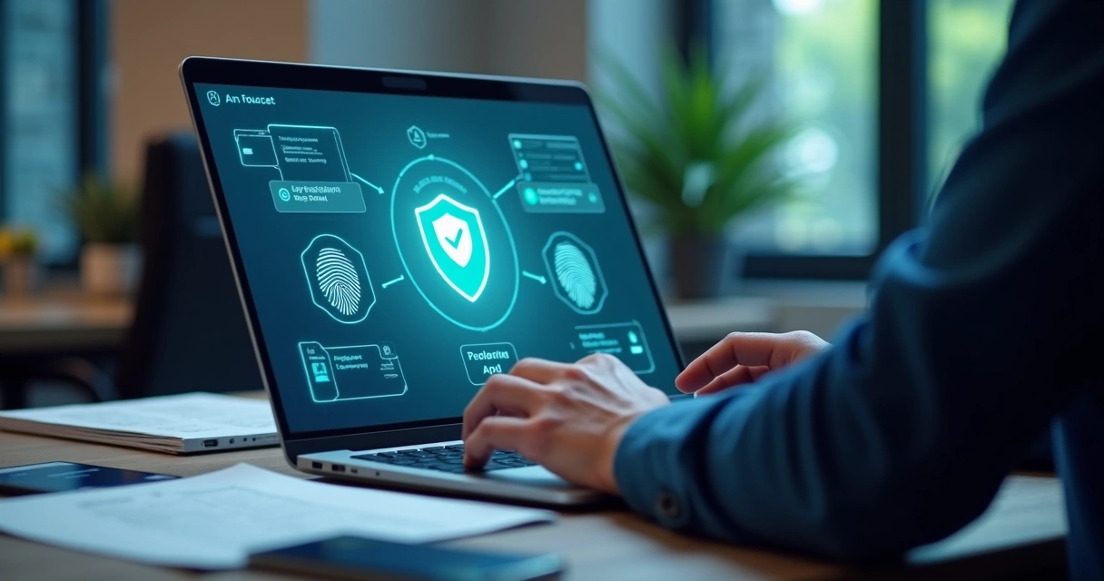 Pessoa fazendo verificação de identidade online em laptop, com documentos e ícones de segurança digital na tela 