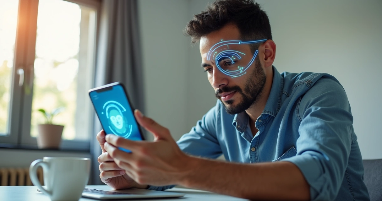 Homem usando aplicativo de verificação facial no celular 