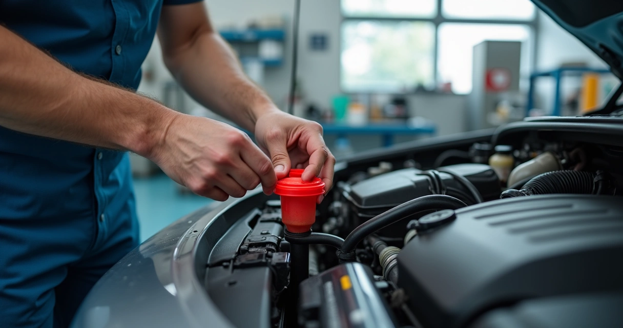 Pessoa verificando fluido de arrefecimento em oficina 